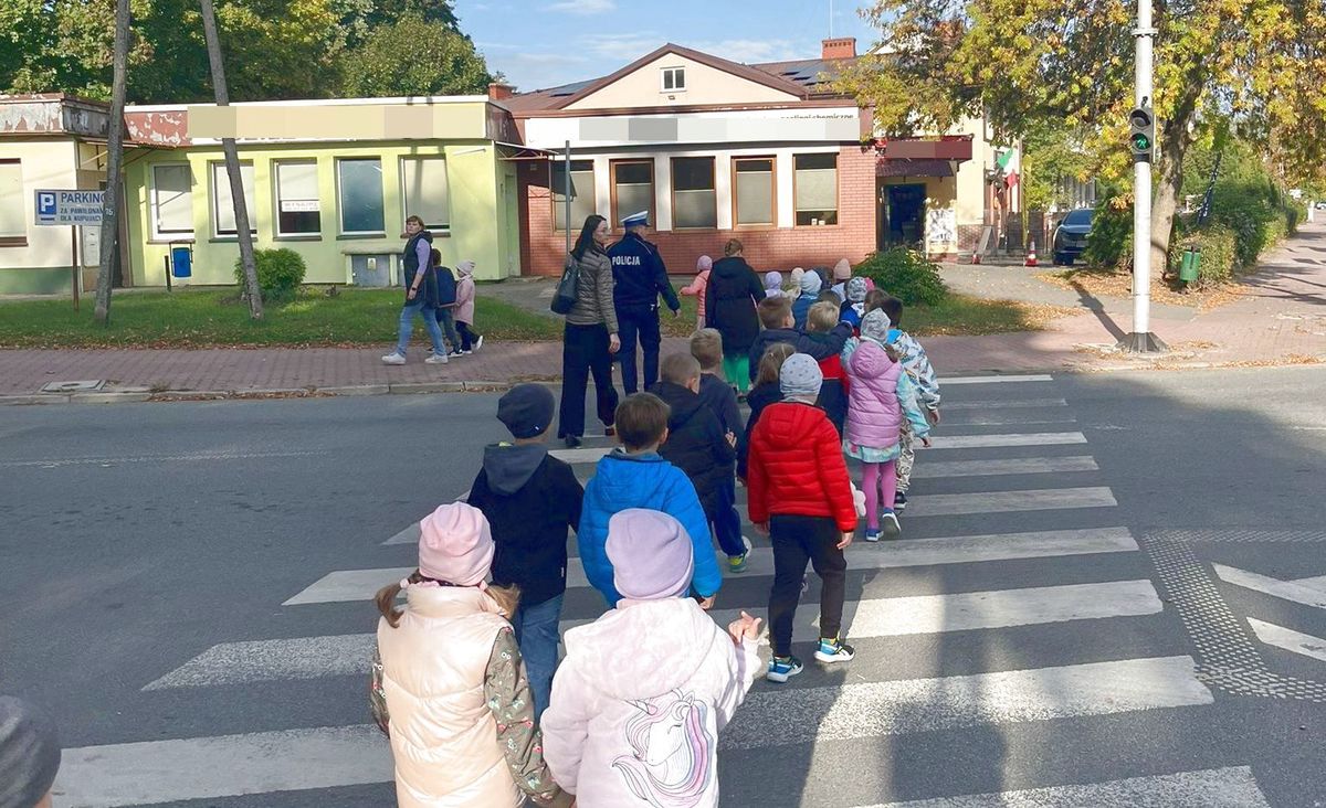 Zdjęcie przedstawia grupę kilkunastu uczniów przechodzących przez przejście dla pieszych z sygnalizacją świetlną razem z uczniami przechodzą policjant i nauczylele.