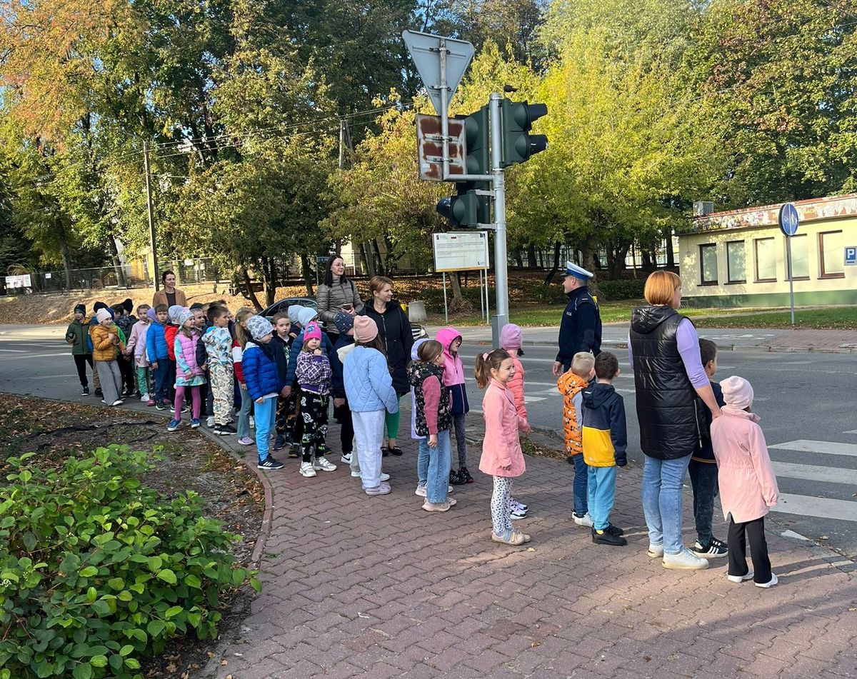 Zdjęcie przedstawia grupę kilkunastu uczniów przechodzących stojących na chodniku przy przejściu dla pieszych z sygnalizacją świetlną razem z uczniami jest policjant i nauczyciele.