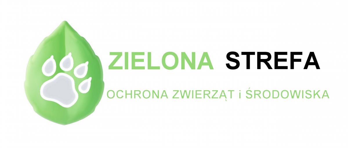 Grafika przedstawia zielony liść z odciśnięta grafika łapa zwierzęcia w Kolorze białym obok jest napis Zielona Strefa Ochrona zwierząt i środowiska napis jest w kolorze zielonym z wyjątkiem wyrazy Strefa który jest czarny. Tło grafiki jest białe.