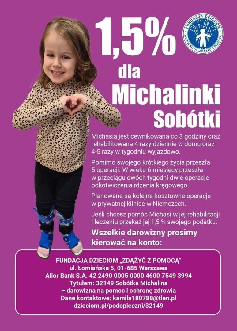 Plakat informujący o możliwości przekazania 1,5% podatku na Michalinę Sobótka. W kolorach różowych. Treść z plakatu zawarta jest w tekście komunikatu.