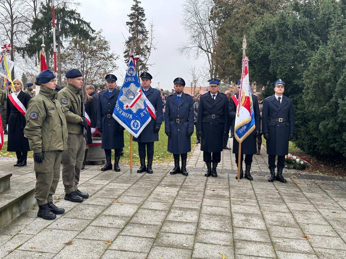 ""Powiatowe uroczystości w Rykach z okazji Narodowego Święta Niepodległości. Na miejscu widać zgromadzone osoby poczty sztandarowe w tym policji.