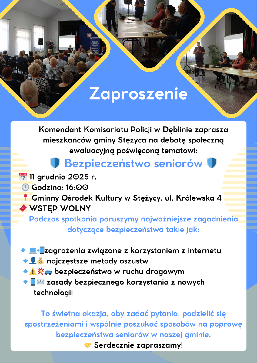 Plakat zapraszający na debatę społeczną w kolorze niebiesko białymi z elementami czarnego i żółtego. Treść plakatu zawarta jest w komunikacie. Dodatkowo są widoczne 3 zdjęcia w kształcie rombu z poprzedniej debaty społecznej