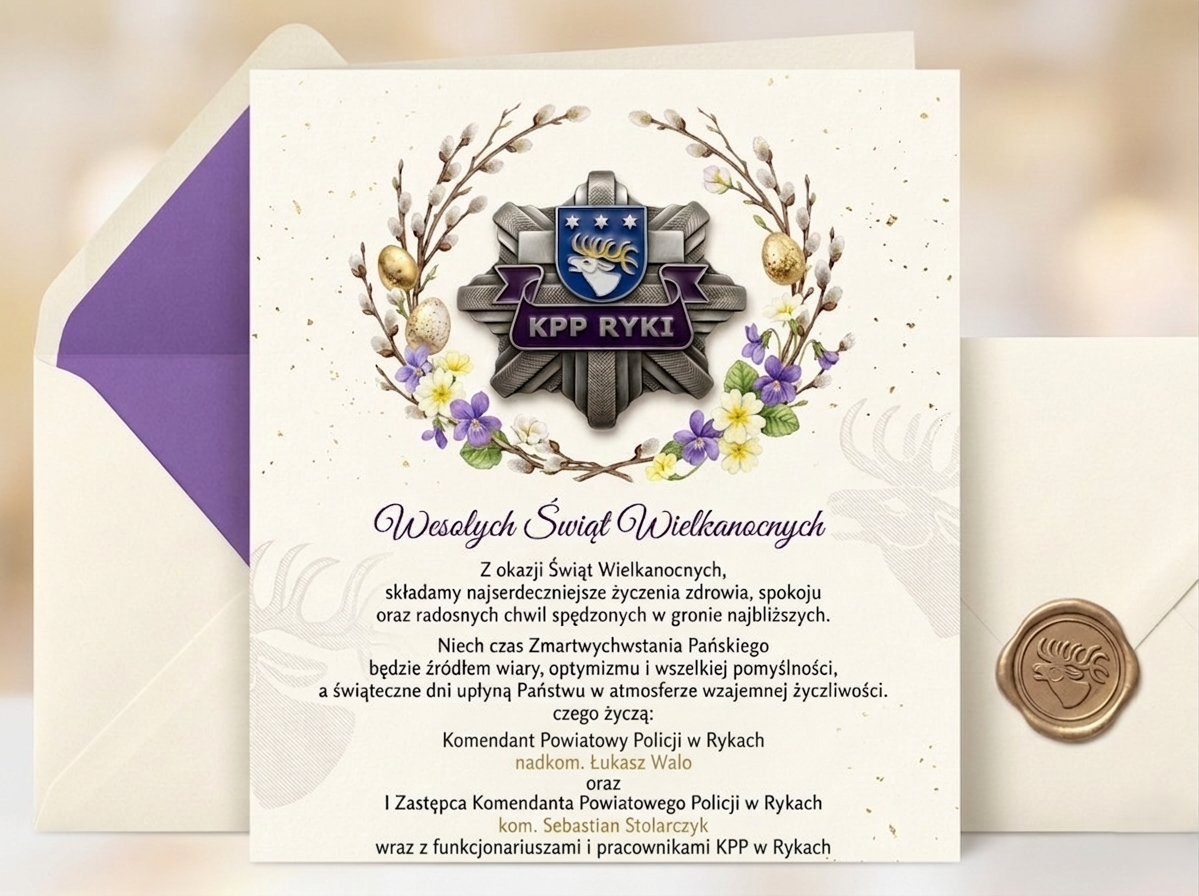 Komendant Powiatowy Policji w Rykach nadkomisarz Łukasz Walo oraz I Zastępca Komendanta Powiatowego Policji w Rykach komisarz Sebastian Stolarczyk w imieniu własnym oraz wszystkich funkcjonariuszy i pracowników ryckiej komendy przekazują życzenia z okazji Świąt Wielkanocnych.