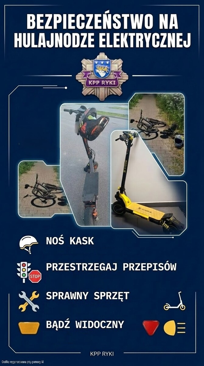 Grafika przedstawiająca kolarz zdjęć z hulajnogami oraz zasady bezpieczeństwa opisane w komunikacie