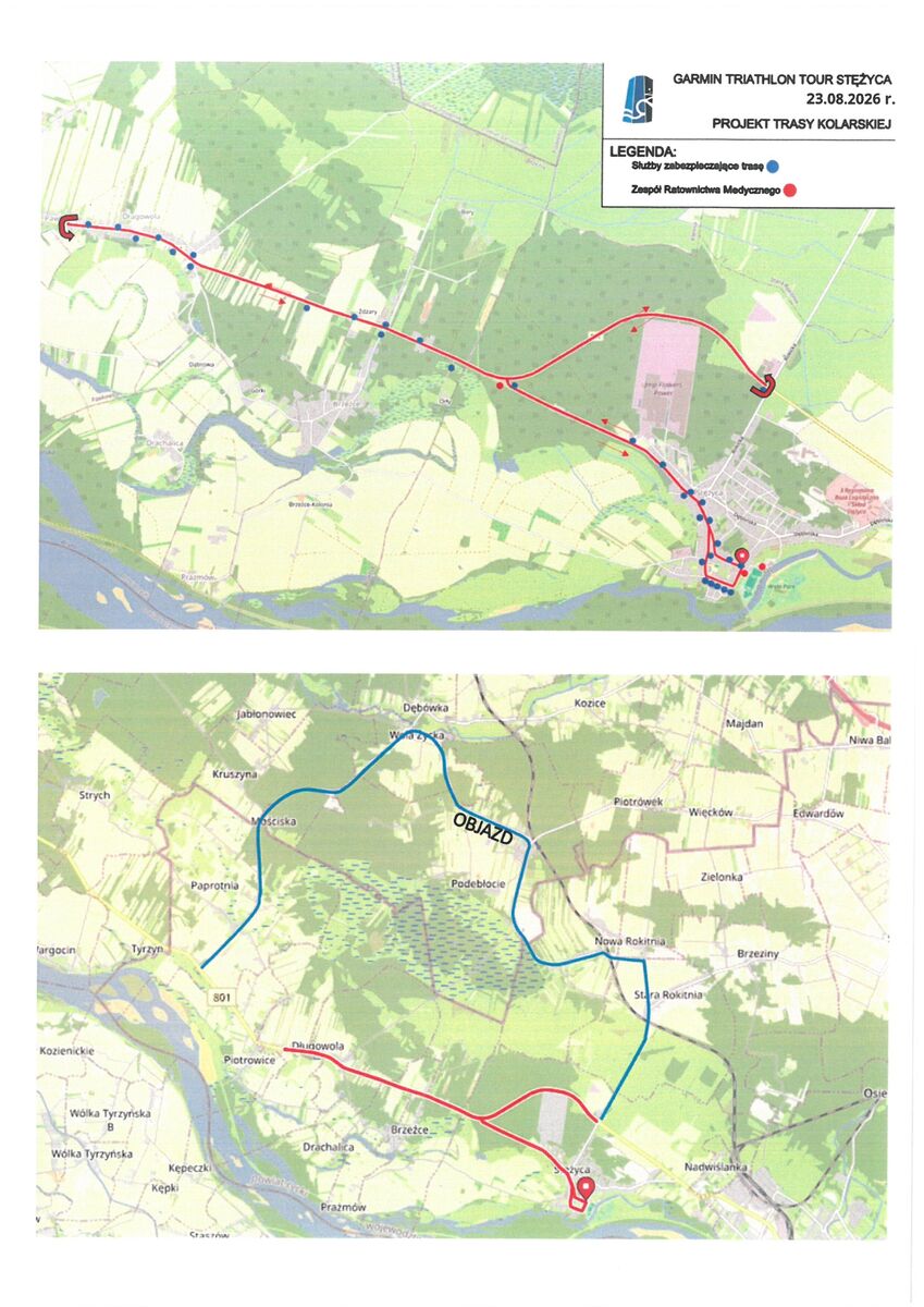 Rys. 1. Mapa trasy objazdu i zawodów Garmin Triathlon Tour Stężyca 2026, źródło https://www.gmina-stezyca.pl/ Mapy przedstawiające trasy zawodów oraz objazd i miejsca służb i zablokowanych dróg.