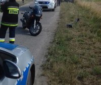 stojący na jezdni motocykl, radiowóz oznakowany, funkcjonariusz straży i karetka pogotowia.