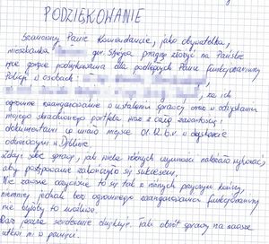 List z podziękowaniami dla policjantów z Komisariatu Policji w Dęblinie za odzyskanie portfela i ustalenie sprawcy przywłaszczenia.