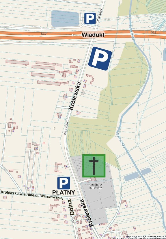 Mapa rejonu cmentarza w Rykach z zaznaczonymi parkingami. Zdjęcie pobrane ze strony www.ryki.pl