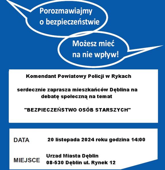 Plakat zapraszający na debatę społeczną koloru niebiesko -białego