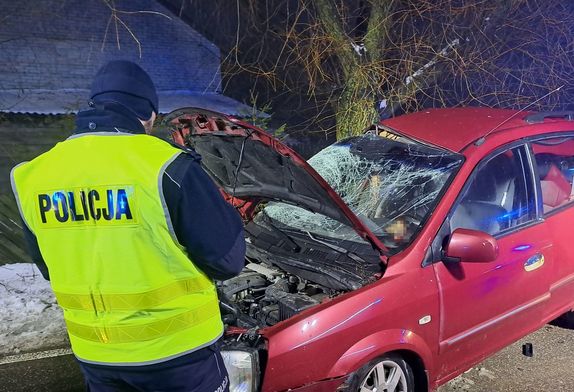 Zdjęcia z miejsca wypadku drogowego w miejscowości Rososz. Na zdjęciu widoczny funkcjonariusz policji stojący obok uszkodzonego pojazdu koloru bordowego.