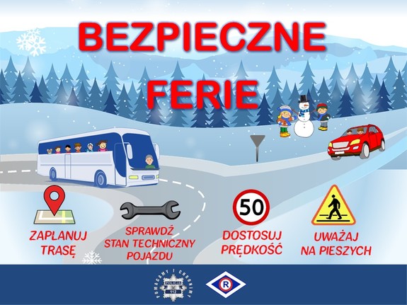 Grafika z napisem Bezpieczne Ferie  w tle las, góry, zaśnieżone drogi, autobus, samochód osobowy, dzieci lepiące bałwana. Na dole grafiki loga partnerów akcji oraz znaki drogowe i grafiki z napisami zaplanuj trasę, sprawdź stan techniczny, dostosuj prędkość, uważaj na pieszych