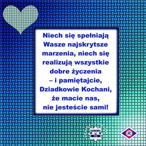 Grafika z życzeniami z okazji dnia babci i dziadka na tle niebiesko-zielonym. Na dole są loga Policji i pionu ruchu drogowego.