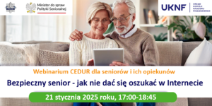 Grafika zapraszająca na webinarium. Przedstawiająca parę seniorów siedząca na kanapie.