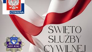 Obchody święta Służby Cywilnej w Komendzie Powiatowej Policji w Rykach grafika z flaga polski i logiem służby cywilnej i komendy policji w rykach