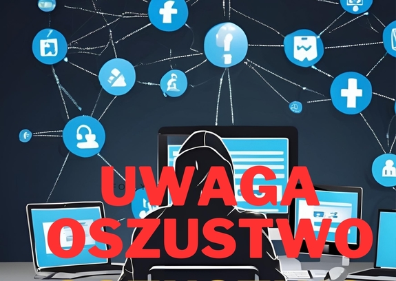 Uwaga oszustwo grafika z napisem w tle postać przy komuterze