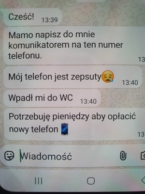 Zdjęcie ekranu telefonu z widoczną konwersacją w komunikatorze - treść opisana w komunikacie
