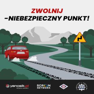 Grafika z napisem Zwolnij - Niebezpieczny punkt ! w tle samochód koloru czerwonego jadący dragą w tle góry, znak drogowy zarośla