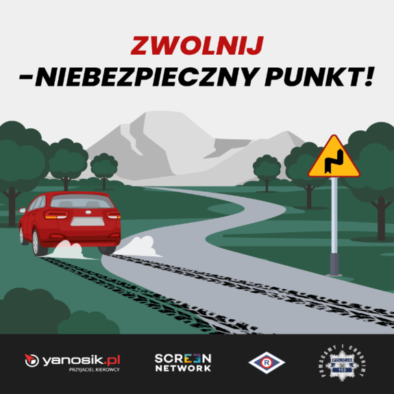 Grafika z napisem Zwolnij - Niebezpieczny punkt ! w tle samochód koloru czerwonego jadący dragą w tle góry, znak drogowy zarośla