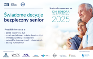 Grafika zapraszająca na dni seniora widoczne są twarze pary seniorów na jasnym tle. Obok zawarta jest informacja dot. akcji te same informacje zawarte są w treści komunikatu