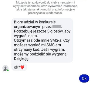 Zrzuty z ekranu telefonu zawierający rozmowę na komunikatorze internetowym zawierające informację zapraszająca do udziału w konkursie gdzie można wygrać 2500 złotych