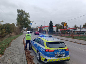 Policjant podczas nadzoru nad przejściem dla pieszych stoi obok oznakowanego radiowozu w tle droga pojazdy i szkoła