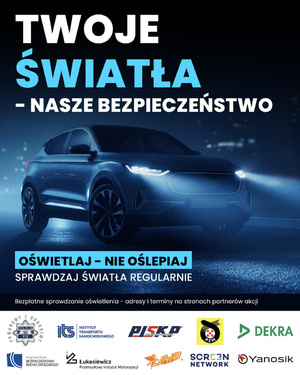 Grafika przedstawiająca samochód osobowy z włączonymi światłami i napisem Twoje światła nasze bezpieczeństwo na dole grafiki są loga partnerów akcji