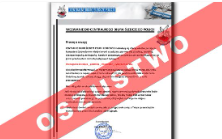 Grafika z napisem oszustwo na czerwonym pasku biegnącym po przekątnej obrazu w telefon z otwartą strona internetową CBŚP nieczytelna