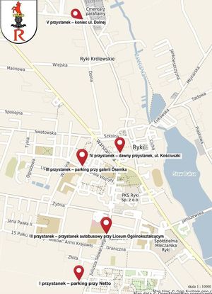 Mapa Ryk z zaznaczonymi przystanki komunikacji miejskiej w dniu 1 listopada. Mapa pobrana z profilu Gmina Ryki z portalu Facebook.