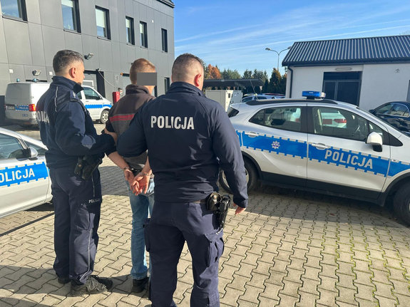 dwóch umundurowanych policjantów prowadzi zatrzymanego mężczyznę, który ma założone kajdanki na ręce z tyłu w tle radiowozy policyjne zaparkowane