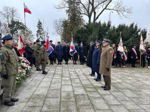 Powiatowe uroczystości w Rykach z okazji Narodowego Święta Niepodległości. Na miejscu widać zgromadzone osoby poczty sztandarowe oraz delegacje składające wieńce.