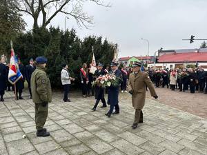 Powiatowe uroczystości w Rykach z okazji Narodowego Święta Niepodległości. Na miejscu widać zgromadzone osoby poczty sztandarowe oraz delegacje składające wieńce.