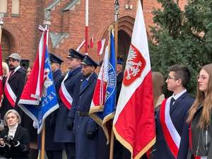 Powiatowe uroczystości w Rykach z okazji Narodowego Święta Niepodległości. Na miejscu widać zgromadzone osoby poczty sztandarowe w tle kościół z cegły czerwonej