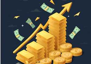 Grafika komputerowa przedstawiające sztabki i monety złota ułożone na kształt rosnącego wykresu słupkowego z strzałką skierowaną w górę. w tle są spadające banknoty koloru zielonego