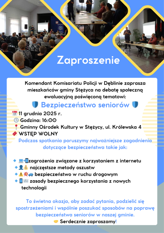 Plakat zapraszający na debatę społeczną w kolorze niebiesko białymi z elementami czarnego i żółtego. Treść plakatu zawarta jest w komunikacie. Dodatkowo są widoczne 3 zdjęcia w kształcie rombu z poprzedniej debaty społecznej