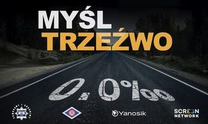 grafika z napisem napis myśl trzeźwo O,O%o w tle droga i loga partnerów akcji