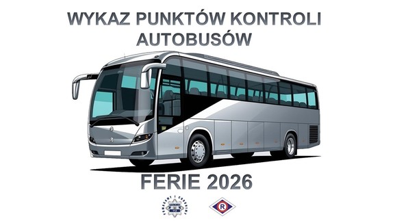 grafika z szarym autokarem i napisem wykaz punktów kontroli autobusów Ferie 2026