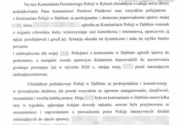 fragment listu z podziękowaniami