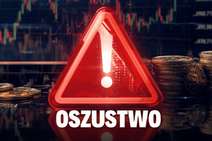 Grafika z napisem oszustwo w tle znak koloru czerwonego w kształcie trójkąta z wykrzyknikiem w środku w tle wykresy i monety na ciemnym tle