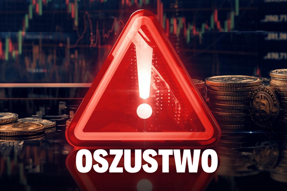 Grafika z napisem oszustwo w tle znak koloru czerwonego w kształcie trójkąta z wykrzyknikiem w środku w tle wykresy i monety na ciemnym tle