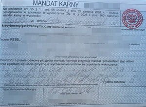Formularz mandatu karnego z zablurowanymi danymi osobowymi