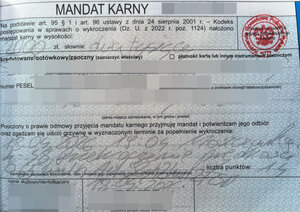 Formularz mandatu karnego z zablurowanymi danymi osobowymi