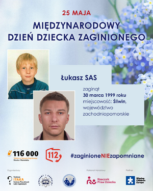 grafika ze zdjęciem osoby zaginionej w tym również zdjęcie z symulacji jak może wyglądać osoba zaginiona z napisem 25 maja międzynarodowy dzień dziecka zaginionego  i loga partnerów akcji