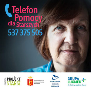 Grafiak z twarza kobiety seniorki z napisem Telefon Pomocy dal Starszych 537375505 i loga partnerów akcji
