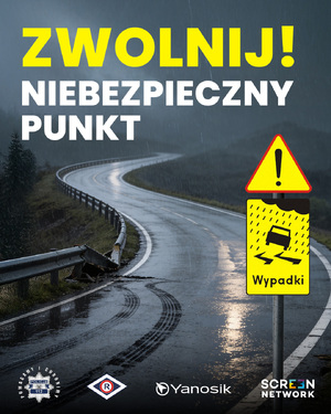 Grafika przedstawiająca kręta i mokrą drogę asfaltową  z napisem Zwolni! Niebezpieczny punkt i znakami drogowymi