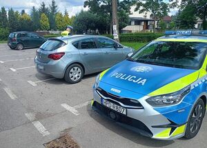 Na pierwszym planie radiowóz oznakowany - jego przód, a w tle policjant podczas kontroli drogowej sto obok samochodu osobowego