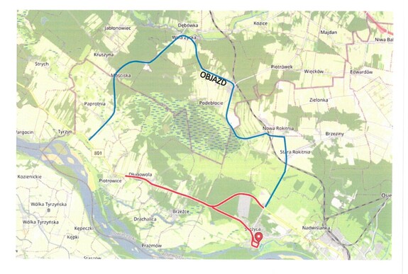 Mapa z trasą zawodów kolarskich i trasa objazdu