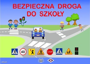 Grafika z napisem Bezpieczna droga do szkoły. Dziewczynka i chłopiec stojący na przejściu dla pieszych.