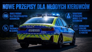 Zdjęcie radiowozu z tekstem nowe przepisy dla młodych kierowców.