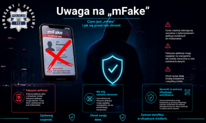 Grafika z informacjami o fałszywych aplikacjach podszywających się pod mObywatela. Treść z grafiki zawarta w tekście komunikatu.