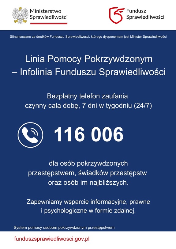 alt="plakat przedstawiający numer telefonu oraz najważniejsze informacje dotyczące linii pomocy pokrzywdzonym"